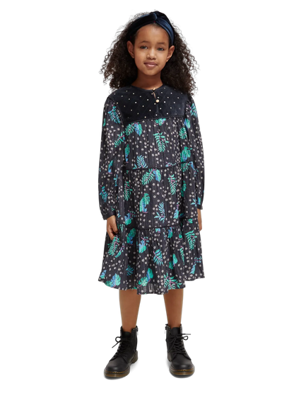 Girls' All-Over Printed Velvet Detail Dress