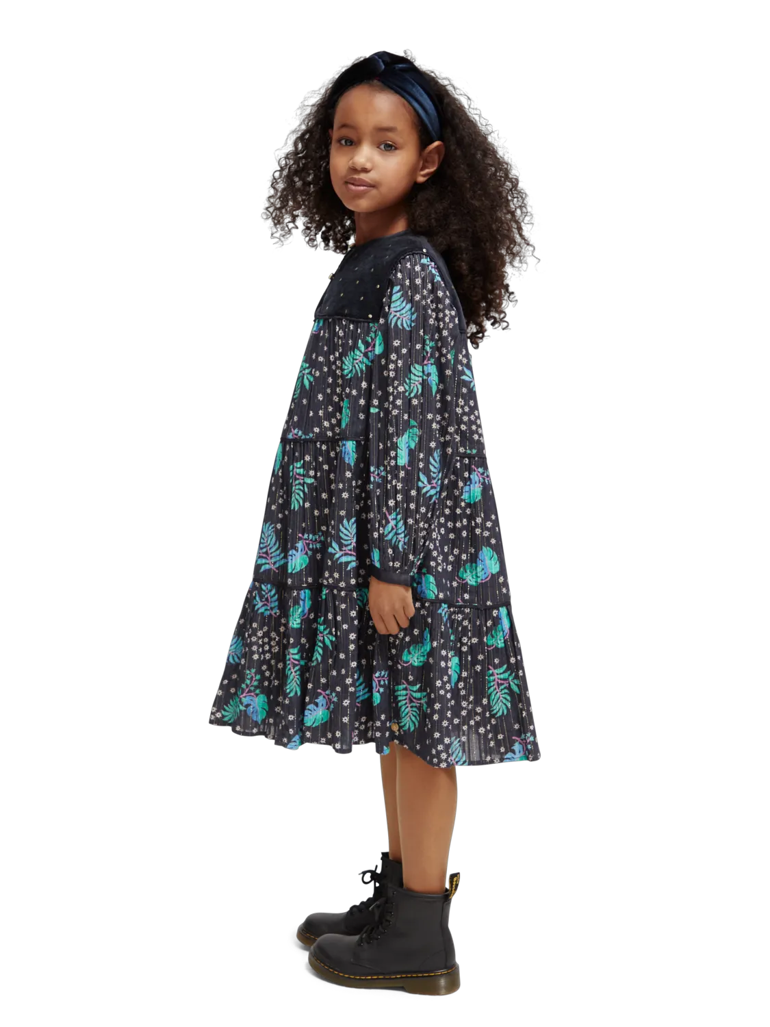 Girls' All-Over Printed Velvet Detail Dress