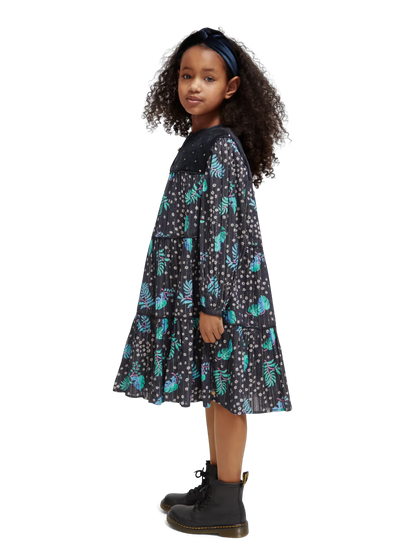 Girls' All-Over Printed Velvet Detail Dress