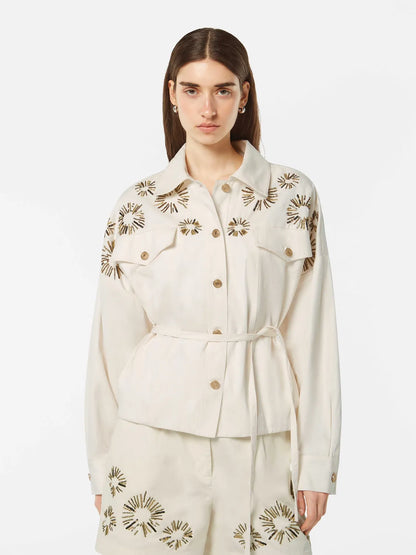 Embellished Belted Cotton Trucker Jacket