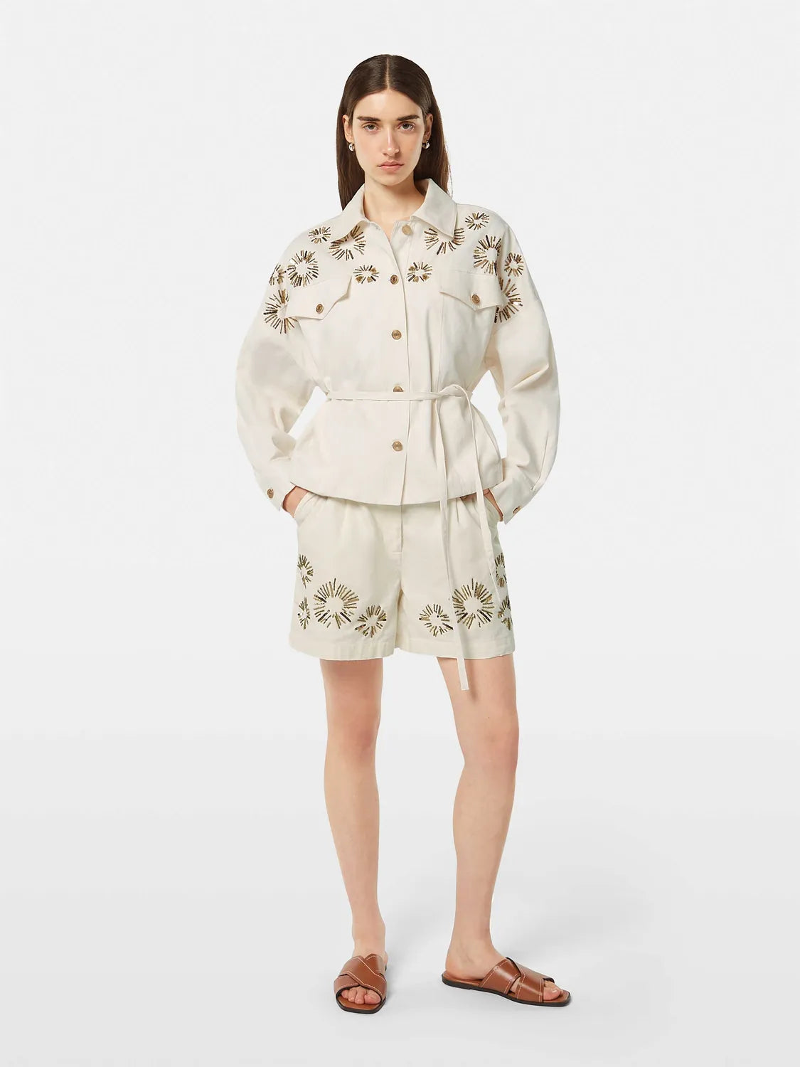 Embellished Belted Cotton Trucker Jacket