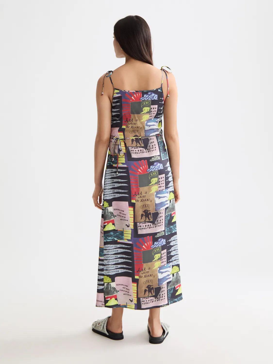 Midi Slip Dress With Tied Straps And Draped Waist
