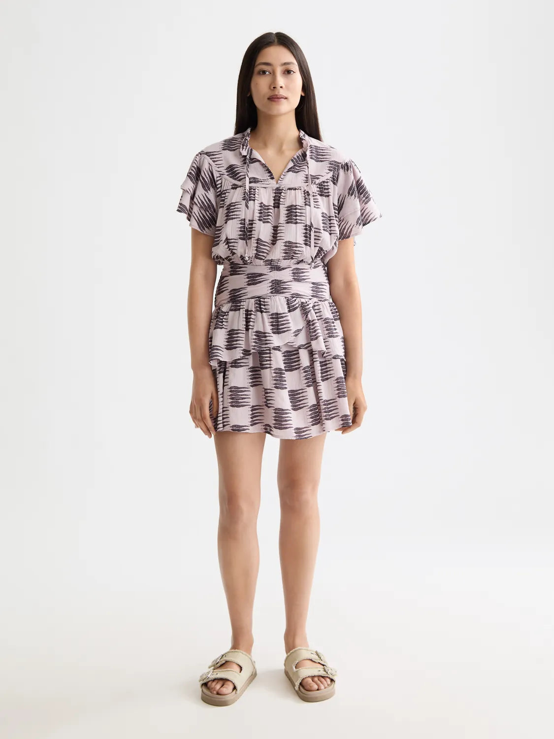 Ruffled Mini Dress With Gathered Waist