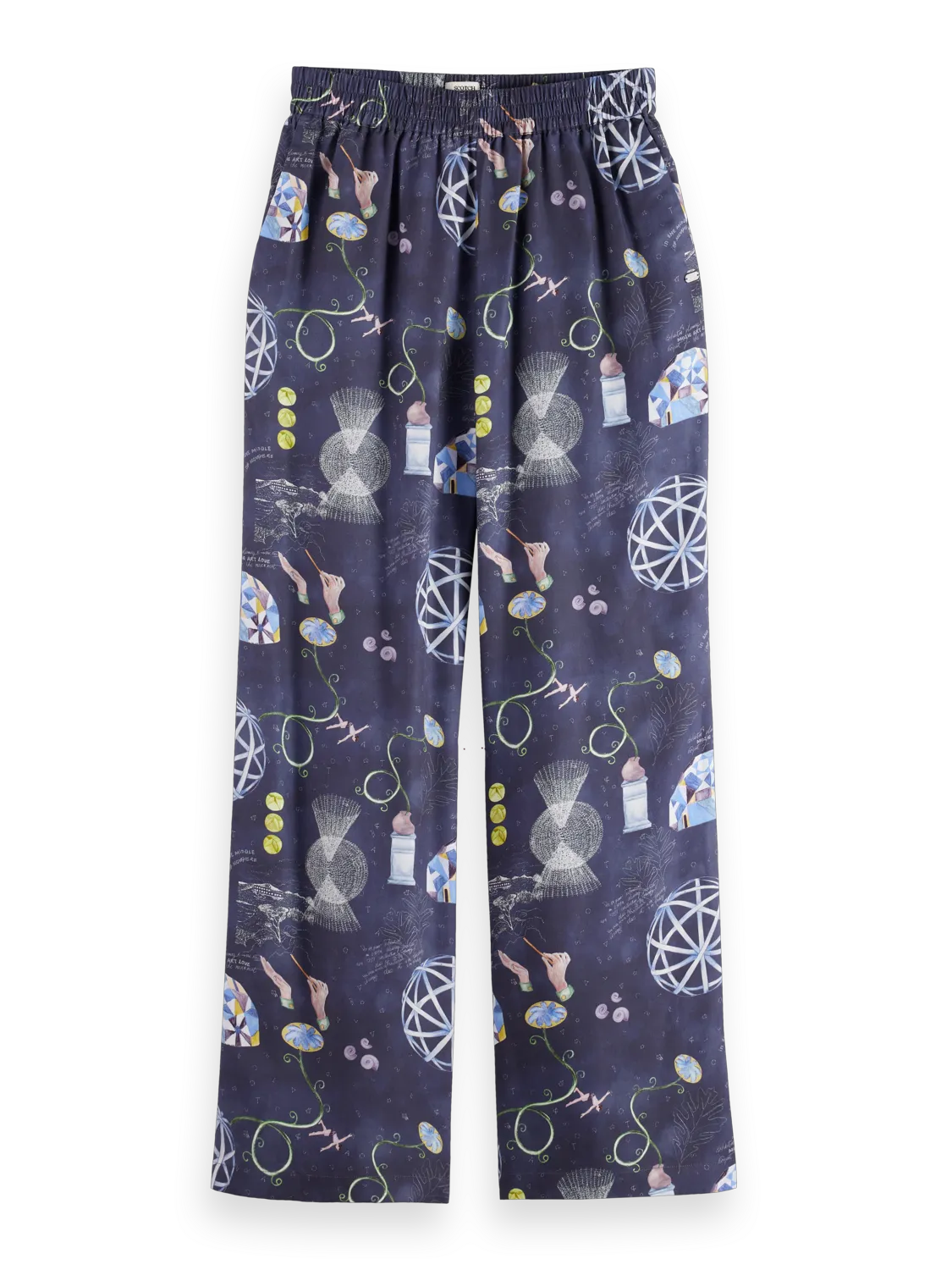 Gia - Mid rise wide leg elasticated trousers in block print