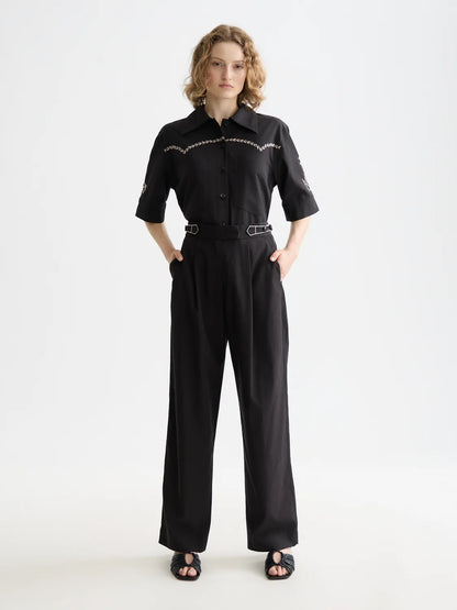 Quinn - Mid Rise Wide Leg Pants With Cross-Stitching
