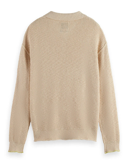 Waffle stitch dropped shoulder longsleeve polo