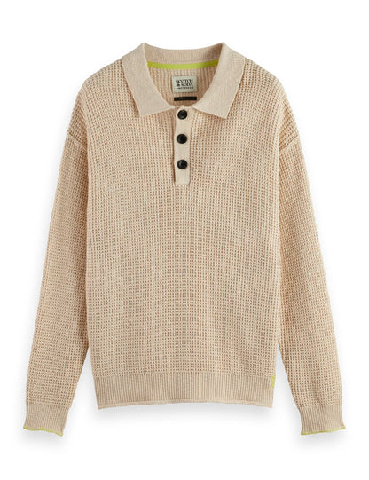 Waffle stitch dropped shoulder longsleeve polo