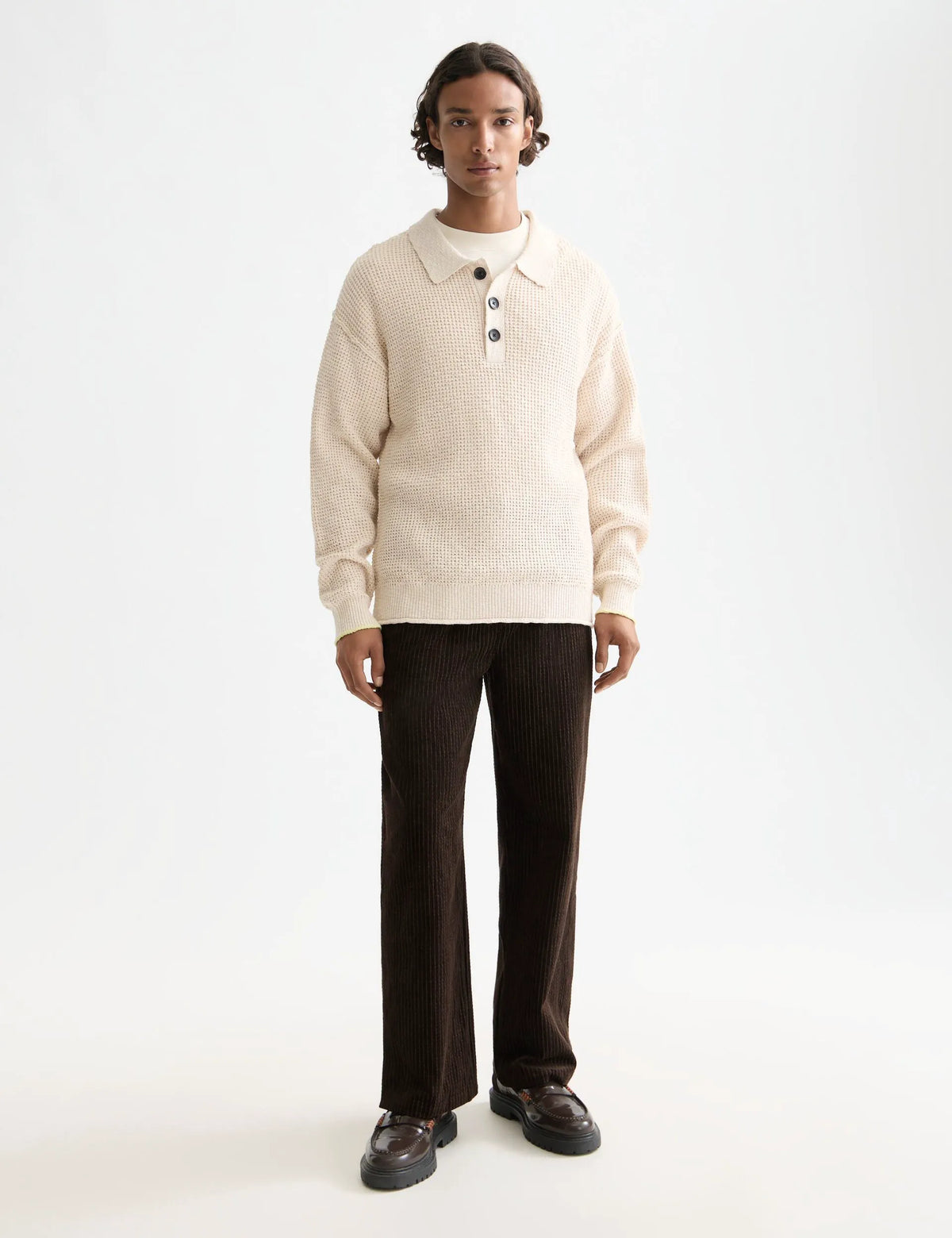 Waffle stitch dropped shoulder longsleeve polo