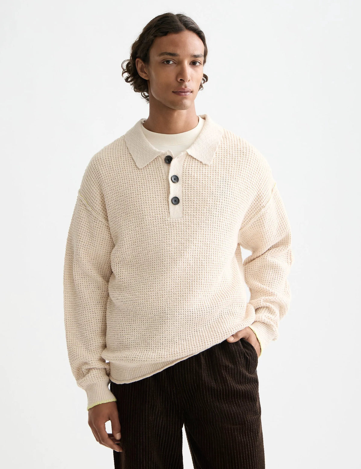Waffle stitch dropped shoulder longsleeve polo