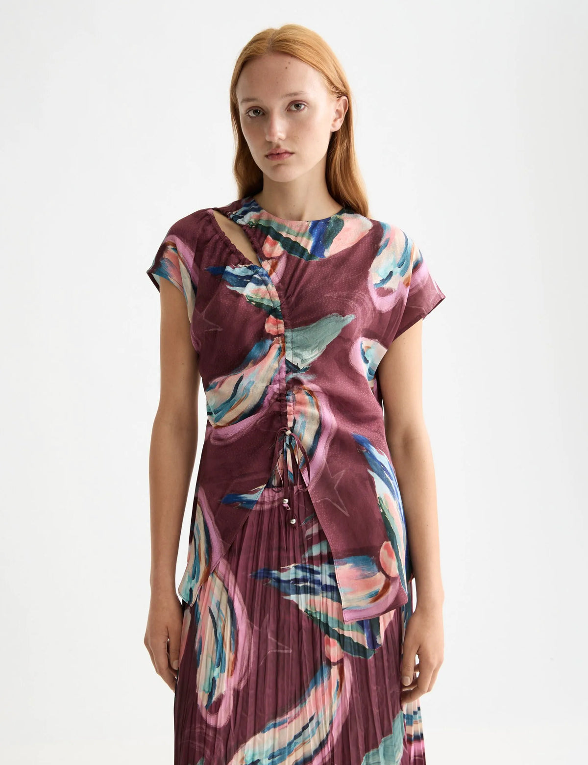 Draw string keyhole short sleeve top