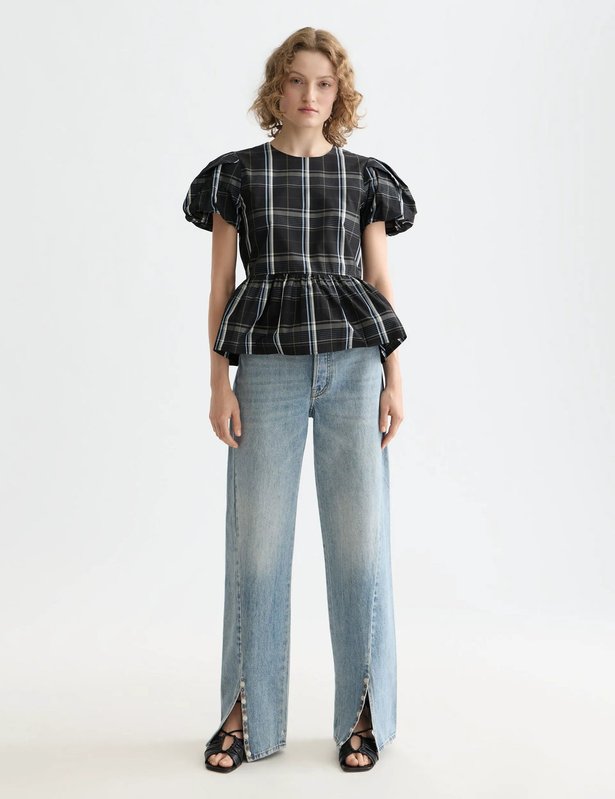 Cap sleeve taffeta top with peplum
