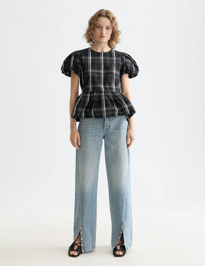 Cap sleeve taffeta top with peplum