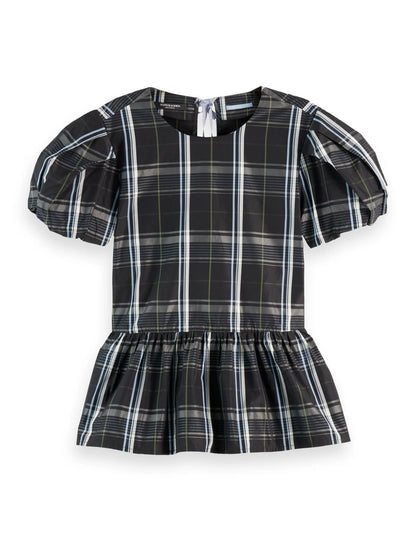 Cap sleeve taffeta top with peplum