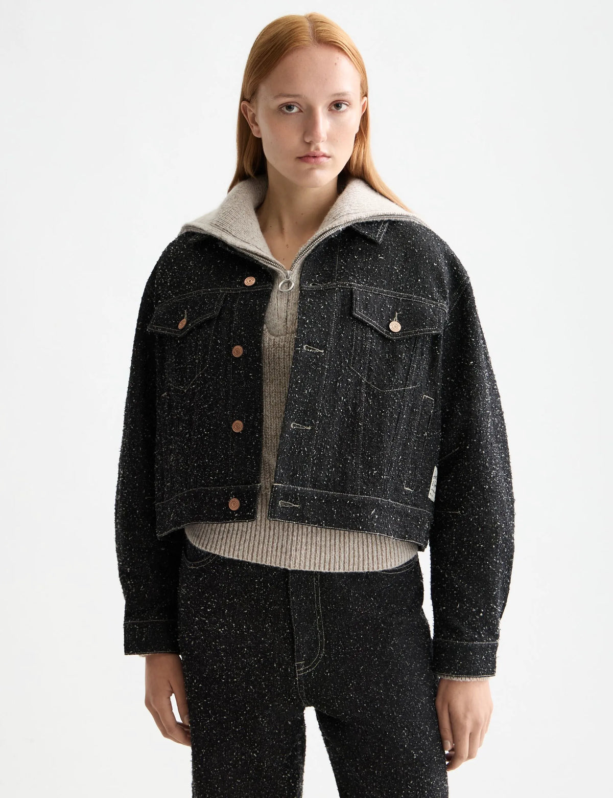 Black denim textured oversized jacket — Black Snow