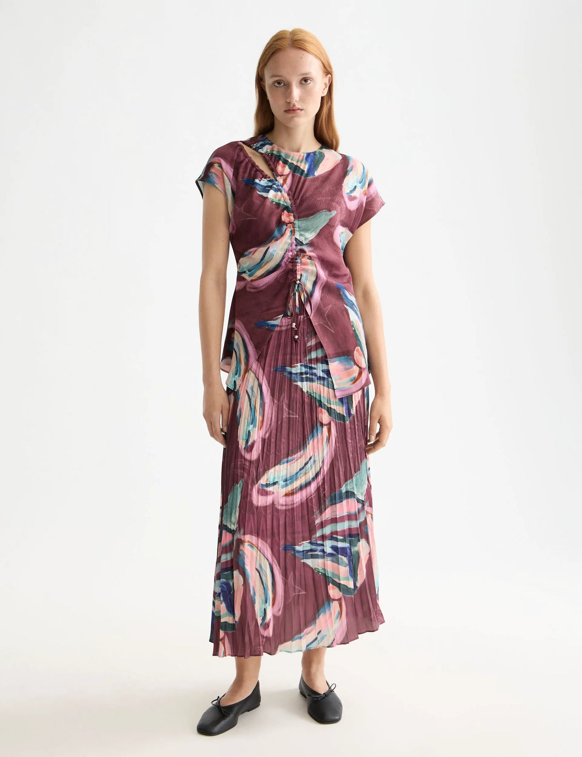 Crinkle pleat midi skirt