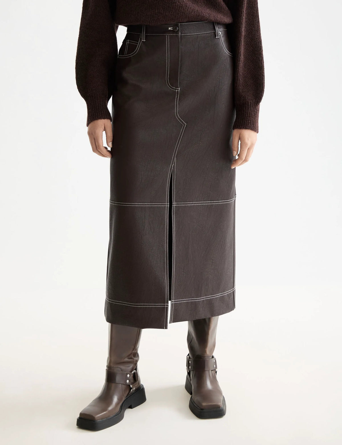 Faux Leather midi skirt with front slit