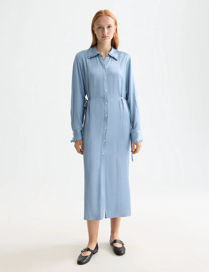 Midi shirt dress with tied waist and ruffles
