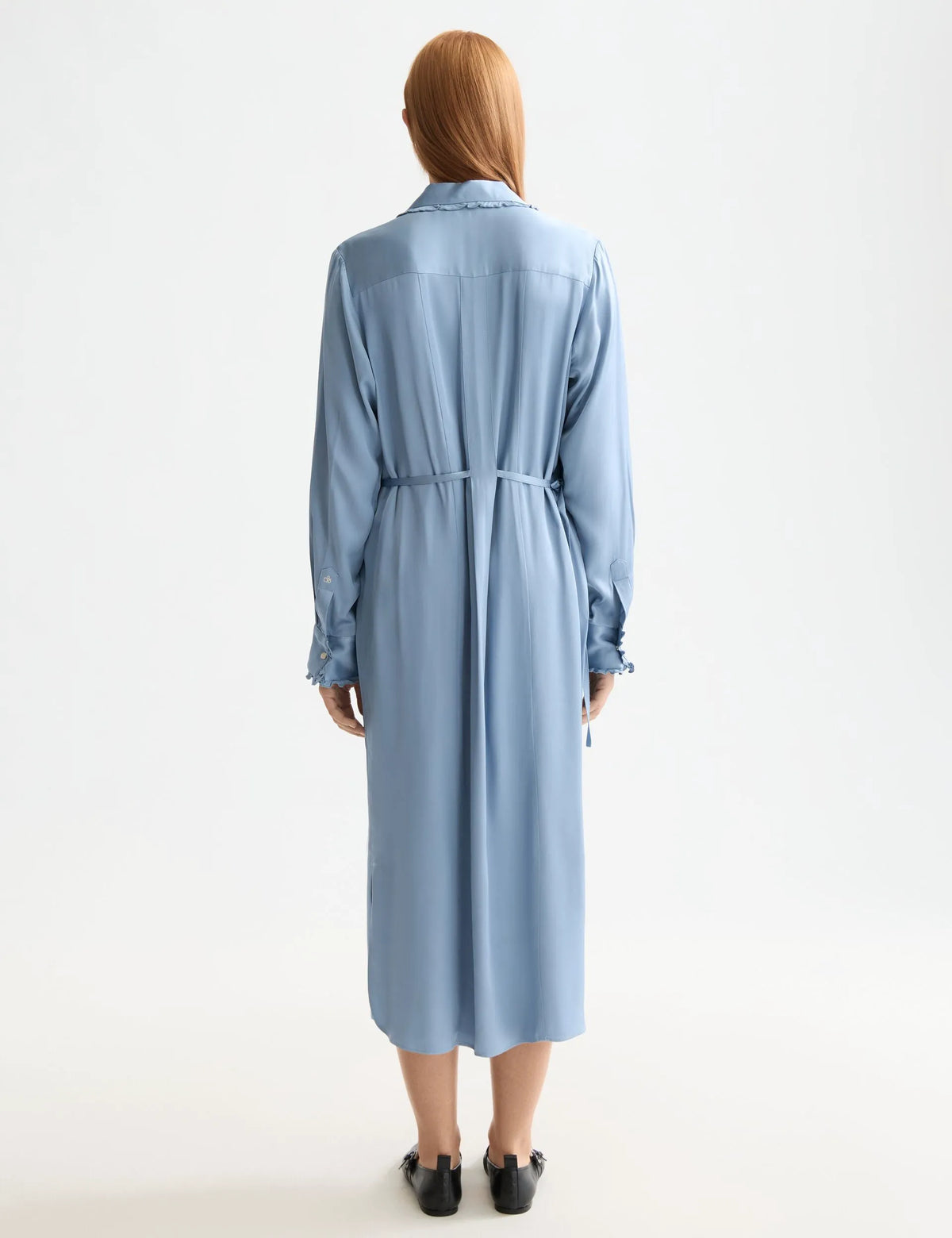 Midi shirt dress with tied waist and ruffles