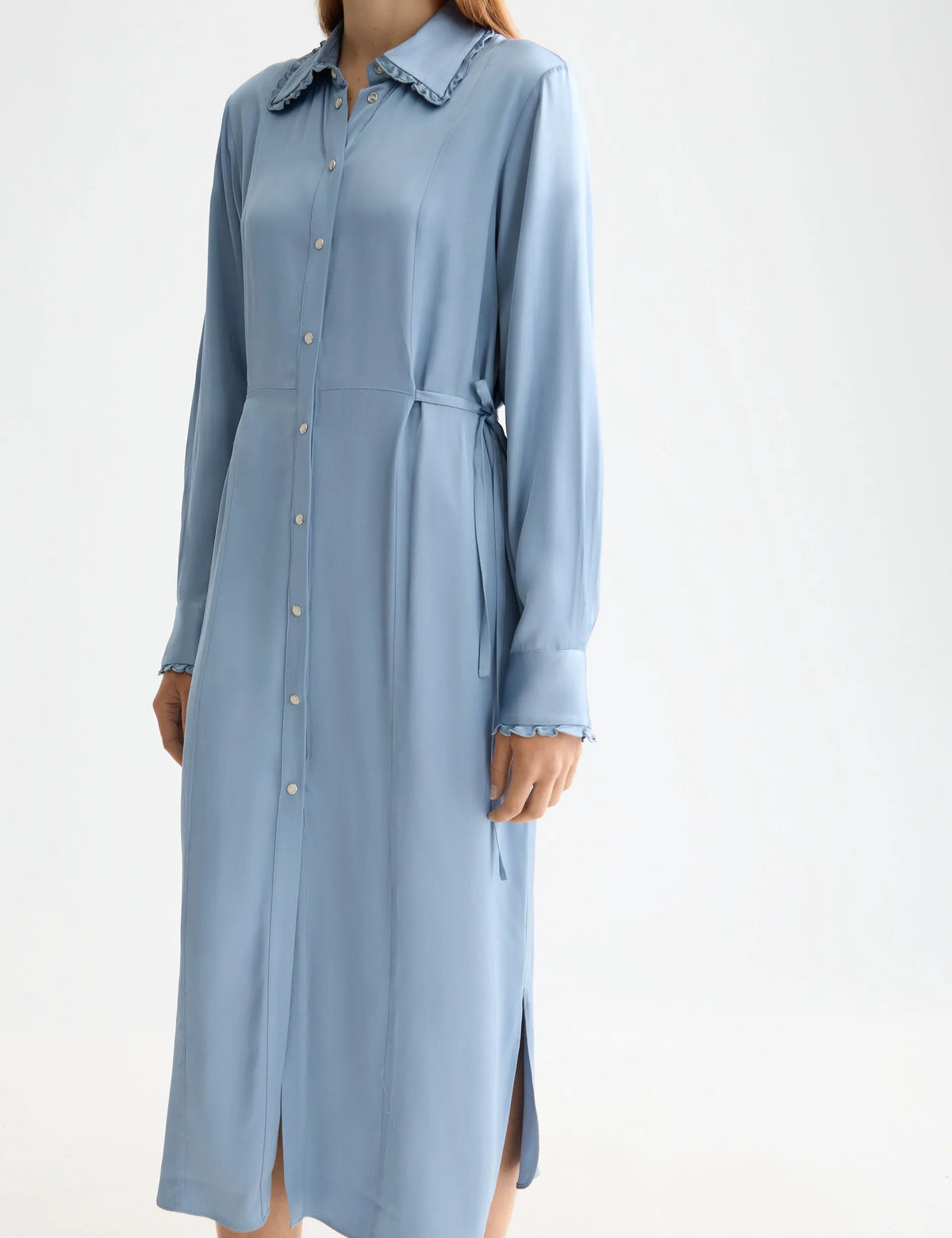 Midi shirt dress with tied waist and ruffles