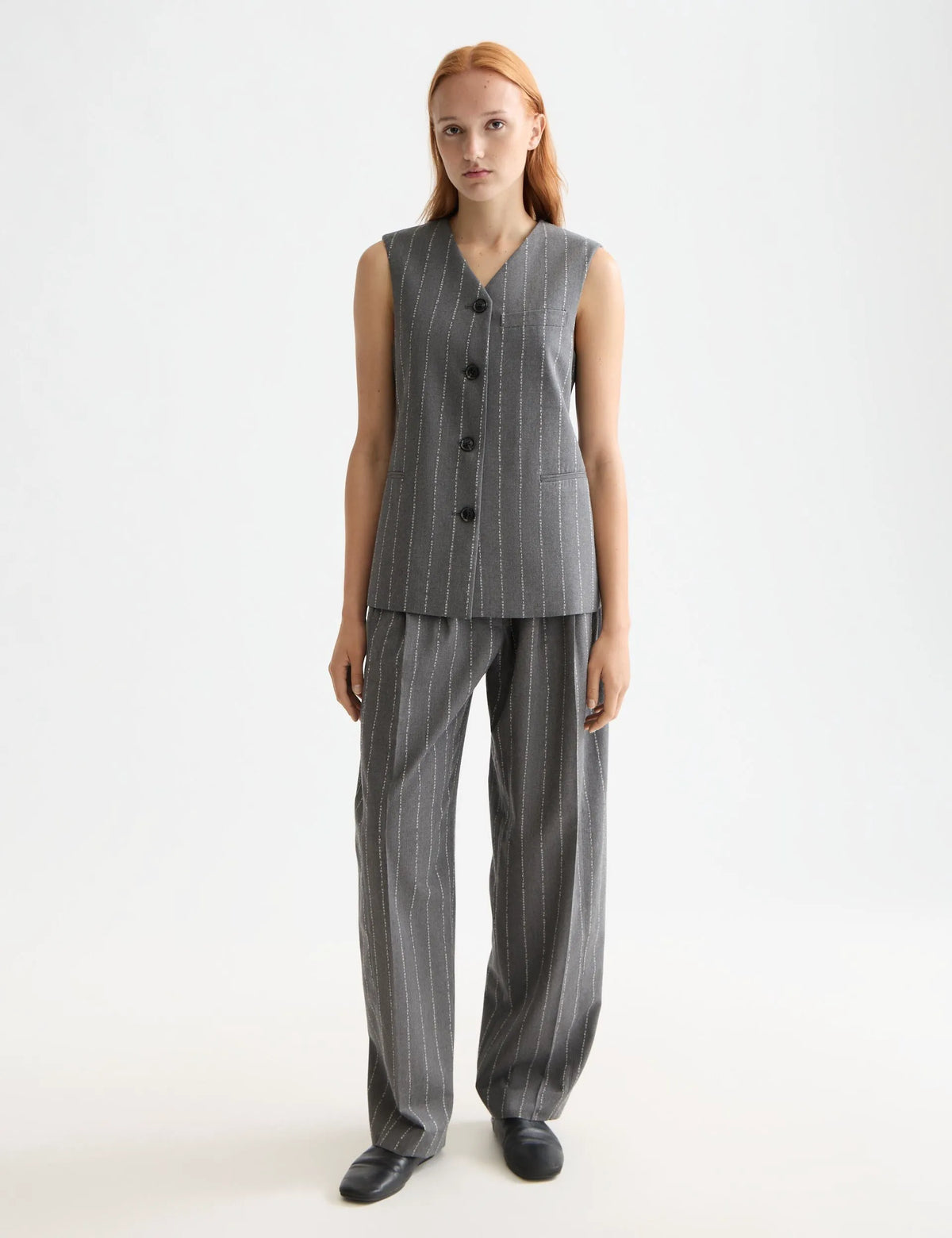 Quinn pinstripe mid-rise pleat front wide leg pant