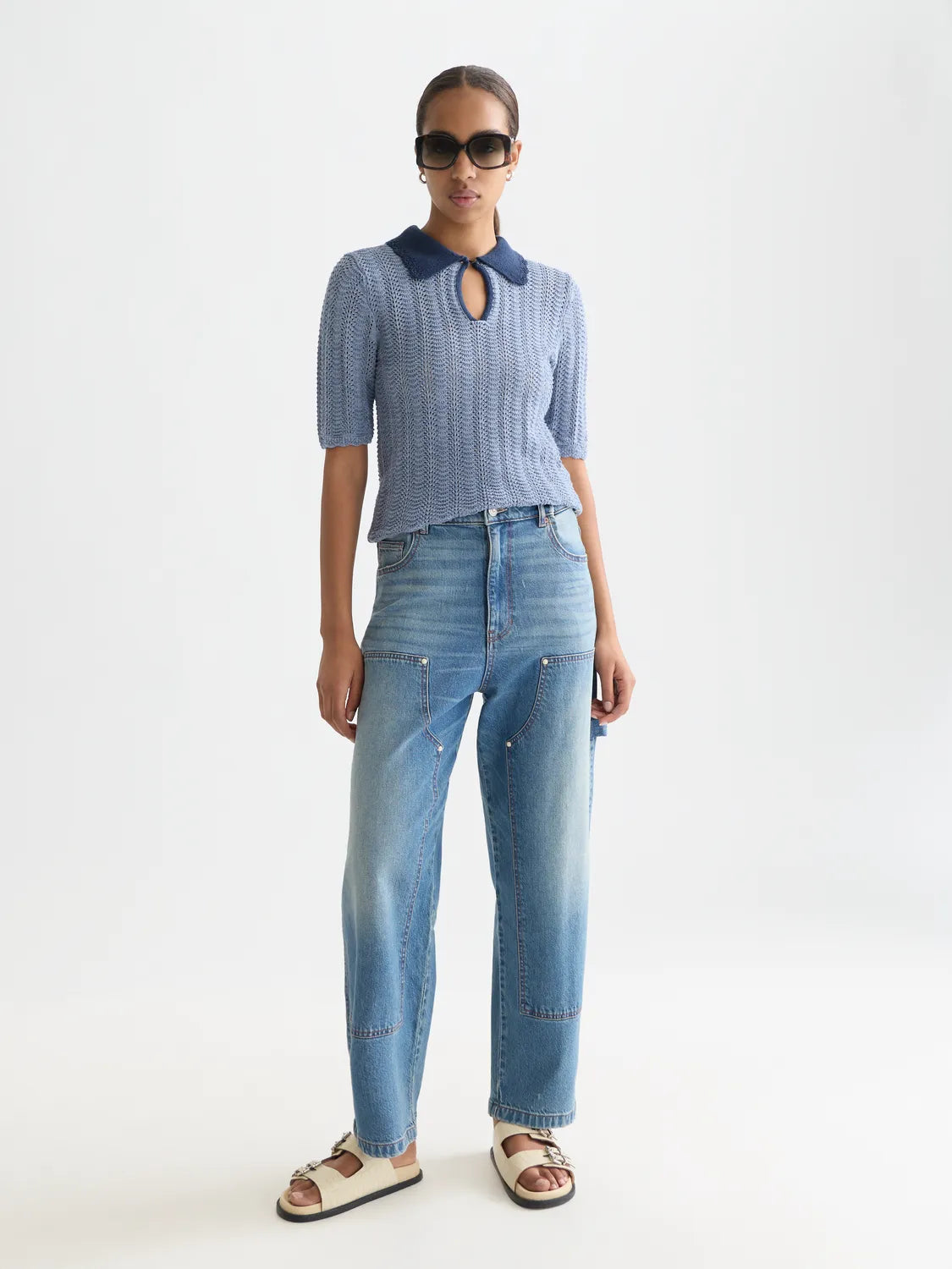 Pointelle Collared Knitted Tee