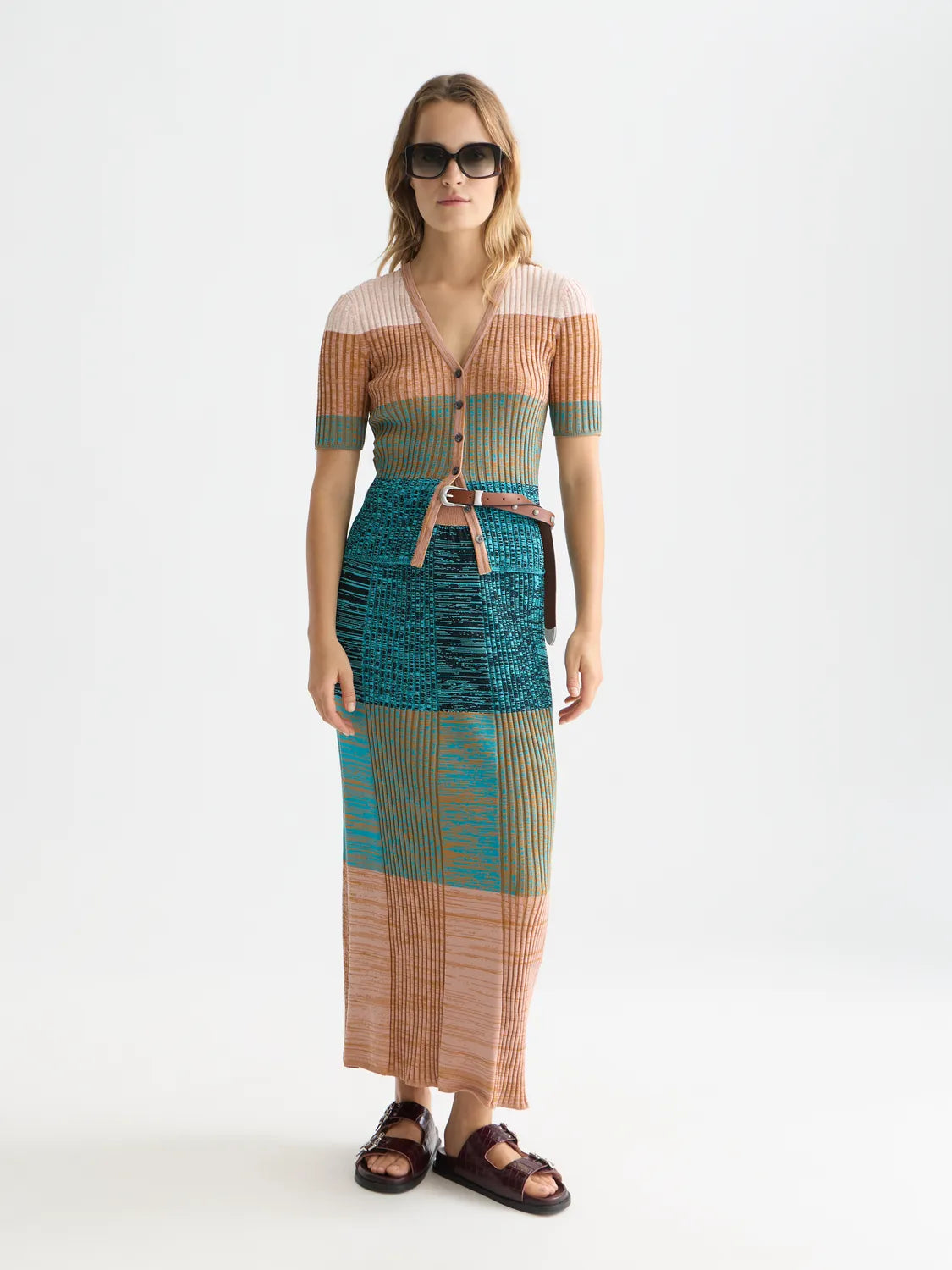 Block Stripe Ribbed Short Sleeve Cardigan