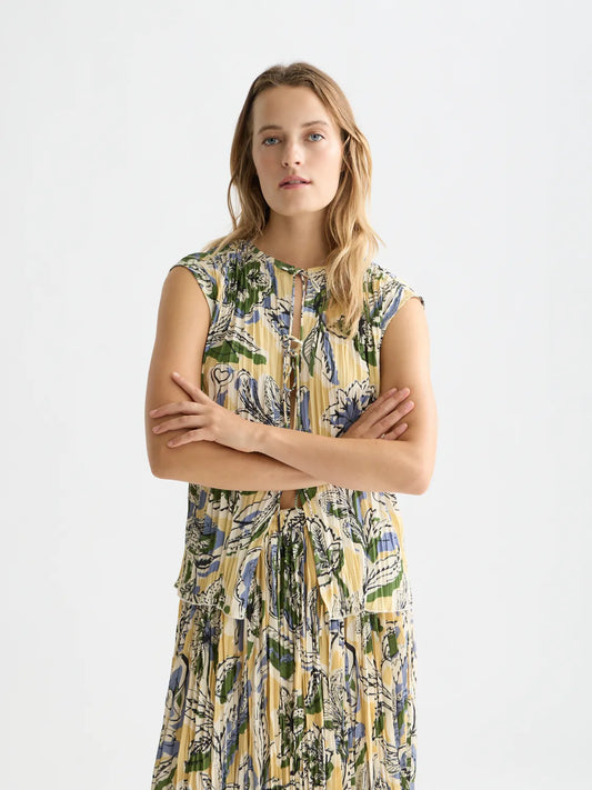 Micro Printed Pleat Top With Ties