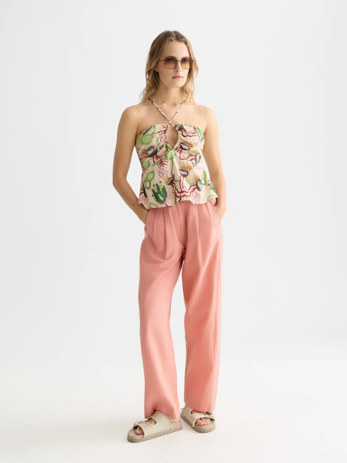 Cotton Seersucker Keyhole Halter Tank Top