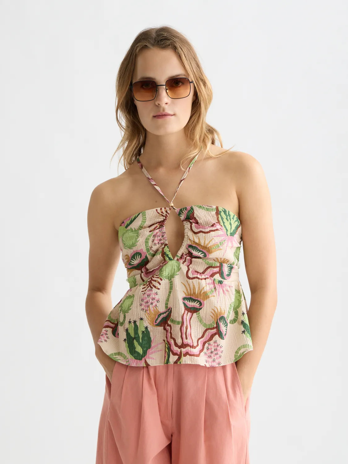 Cotton Seersucker Keyhole Halter Tank Top