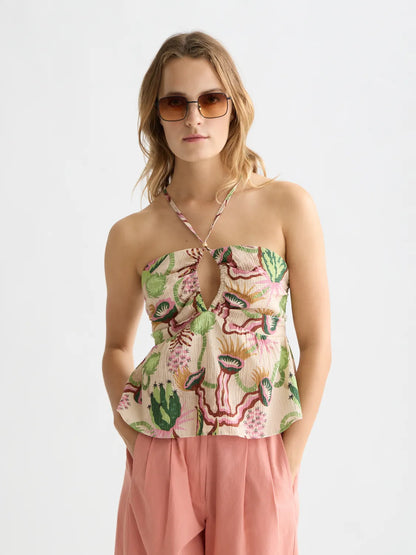 Cotton Seersucker Keyhole Halter Tank Top