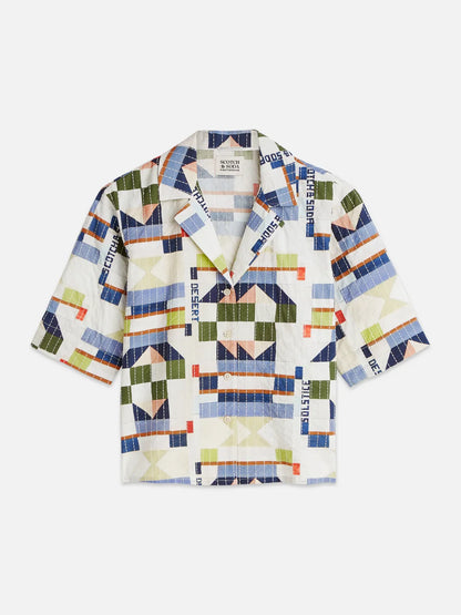 Stitch-Embroidered Printed Short Sleeve Shirt
