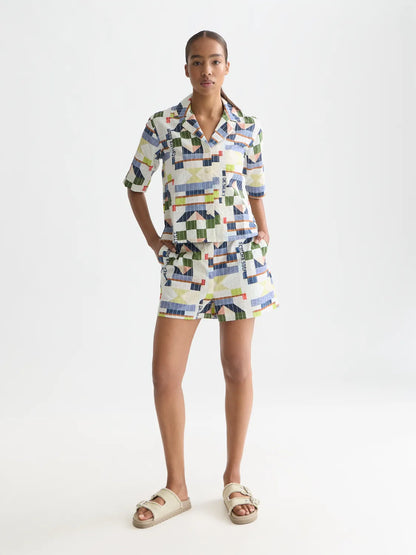 Stitch-Embroidered Printed Short Sleeve Shirt