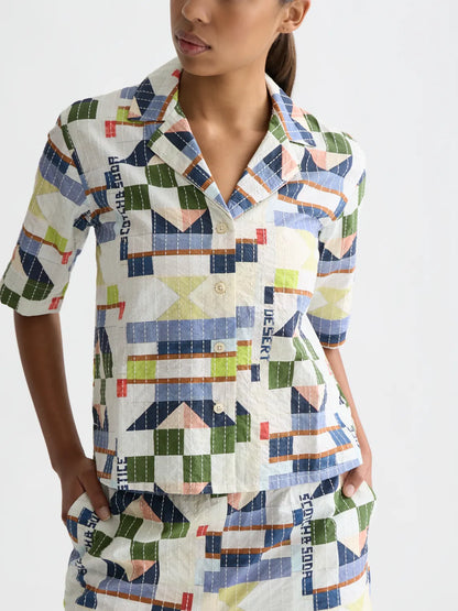 Stitch-Embroidered Printed Short Sleeve Shirt