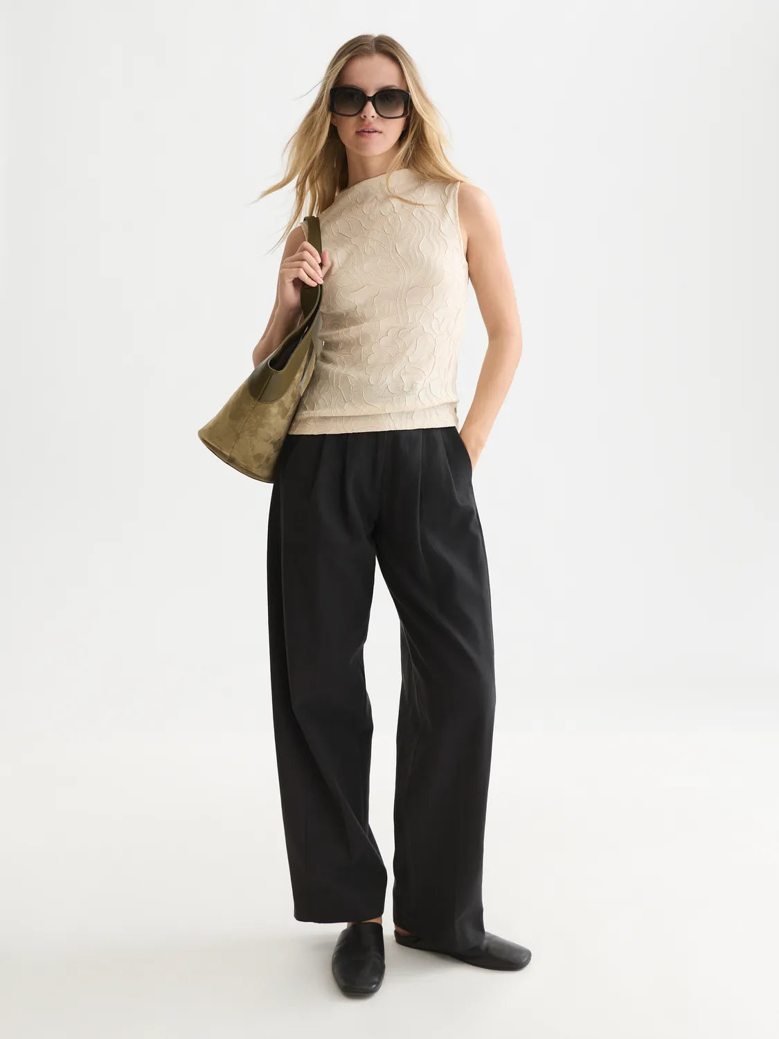 Embossed Pleat Mock Neck Tank