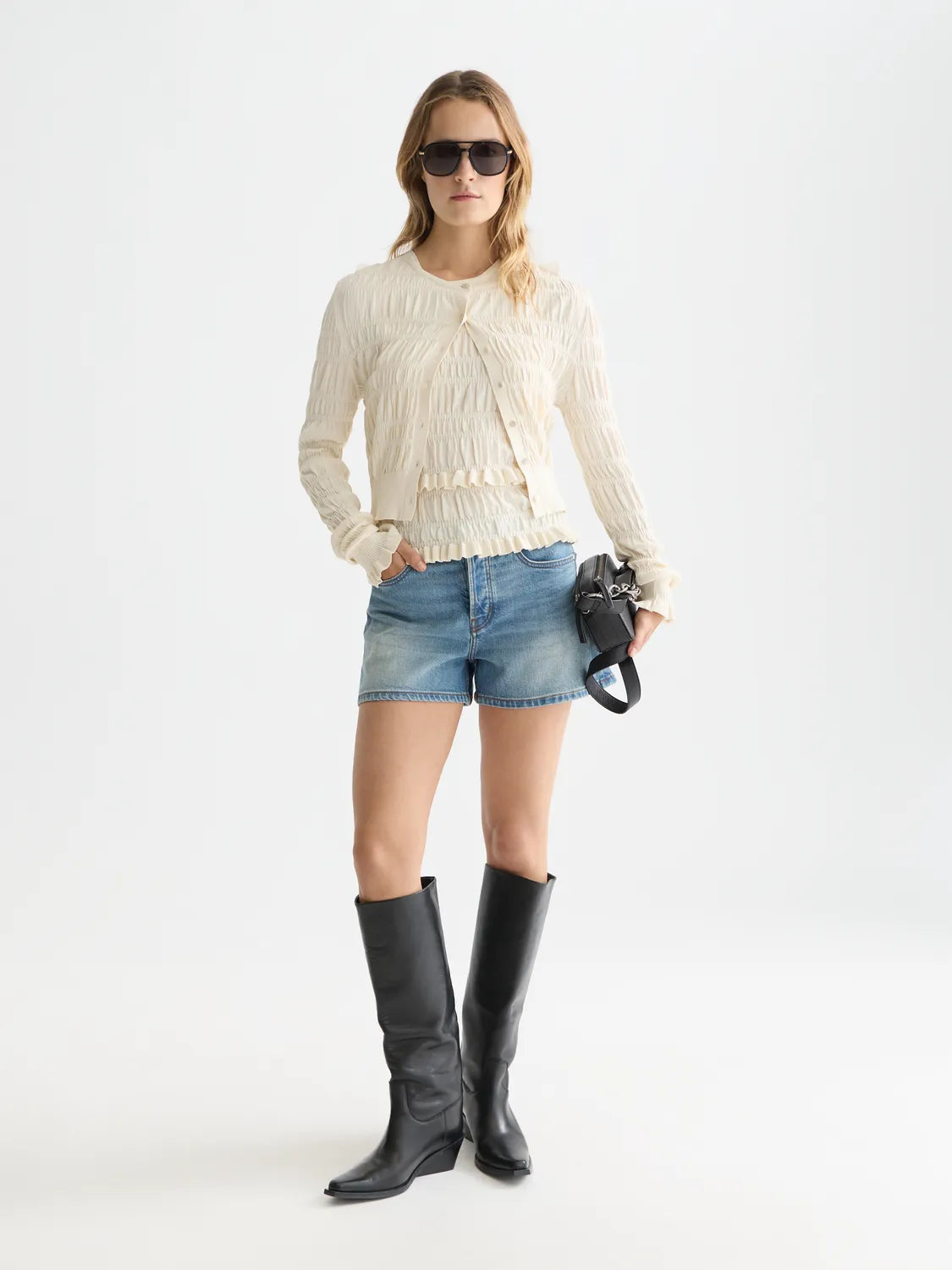 Smock Stitch Crew Neck Cardigan