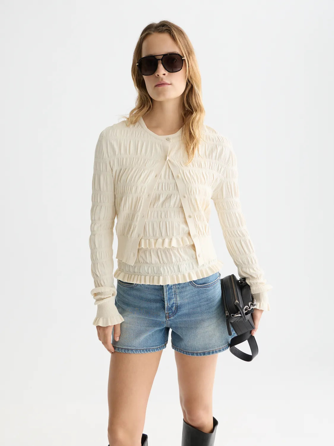 Smock Stitch Crew Neck Cardigan
