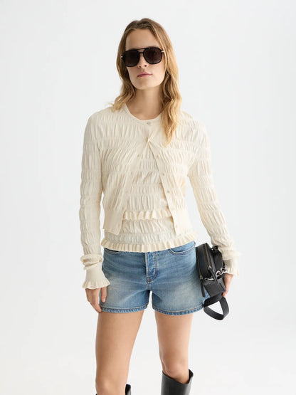 Smock Stitch Crew Neck Cardigan