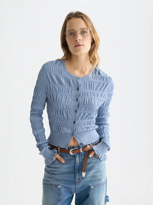 Smock Stitch Crew Neck Cardigan