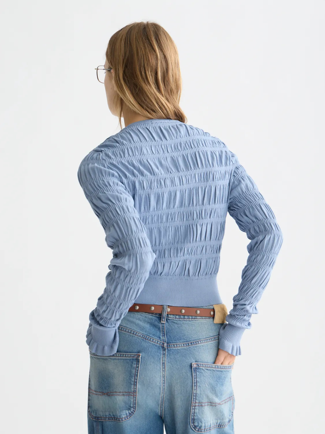 Smock Stitch Crew Neck Cardigan