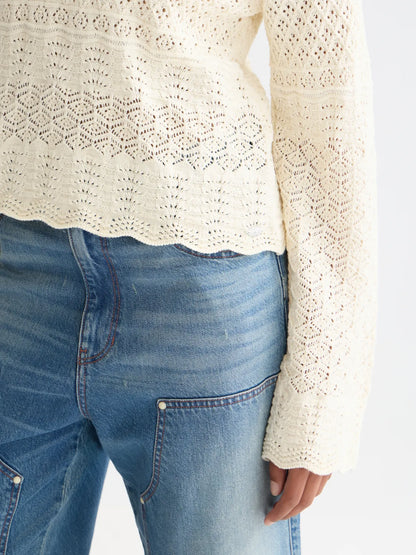 Pointelle Stitch V Neck Pullover