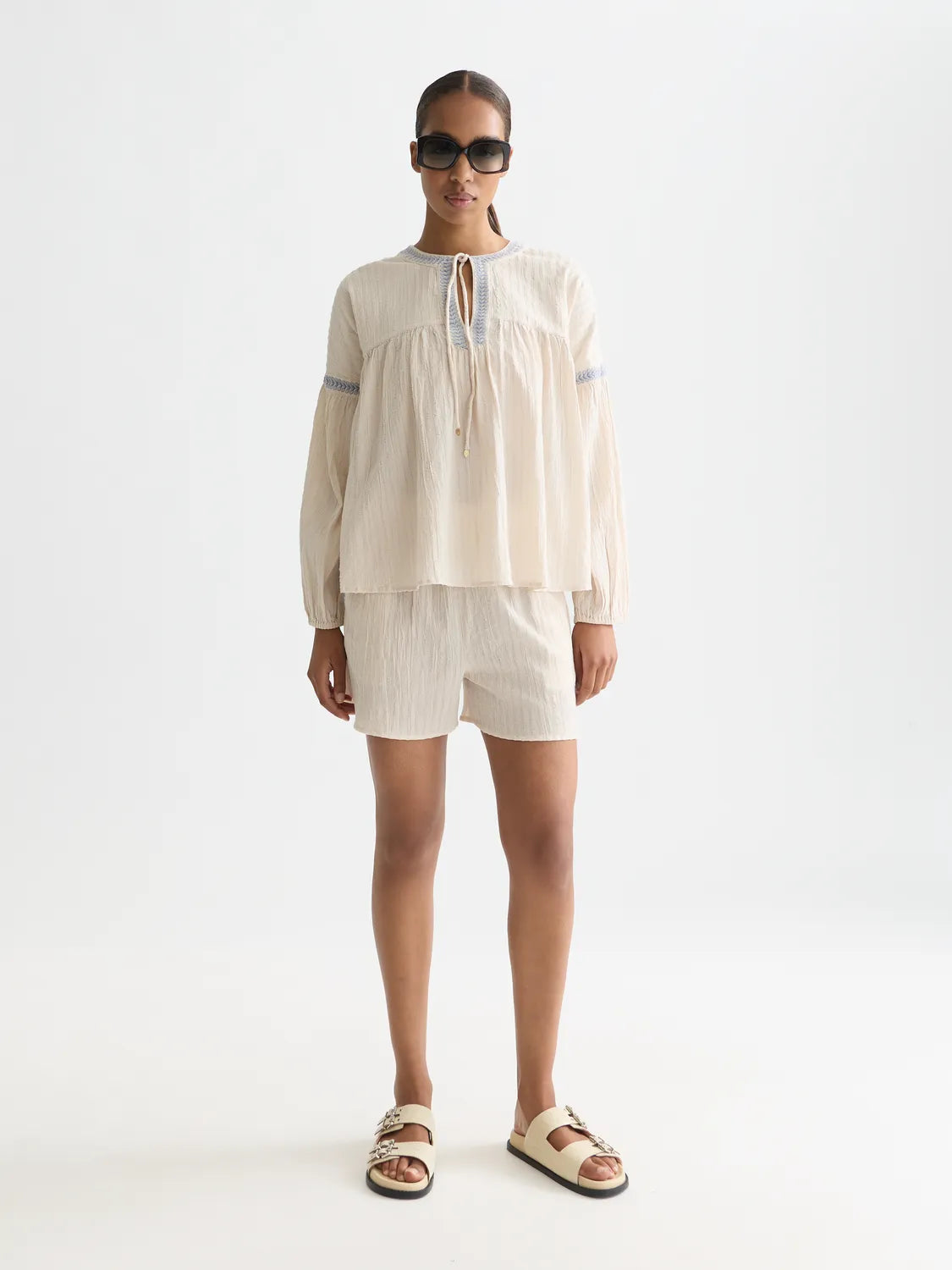 Cotton Crepe Blouse With Embroidered Details