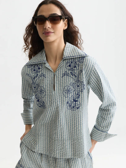 Embroidered Structured Long-Sleeved Tunic