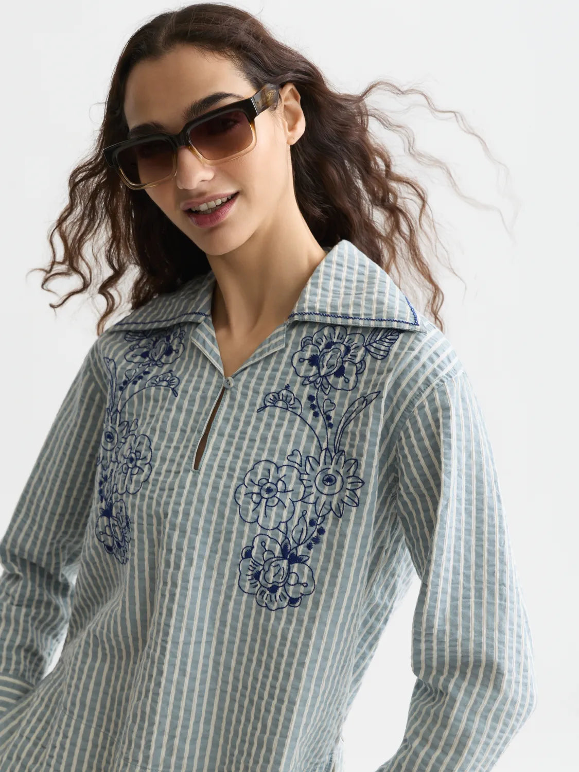 Embroidered Structured Long-Sleeved Tunic