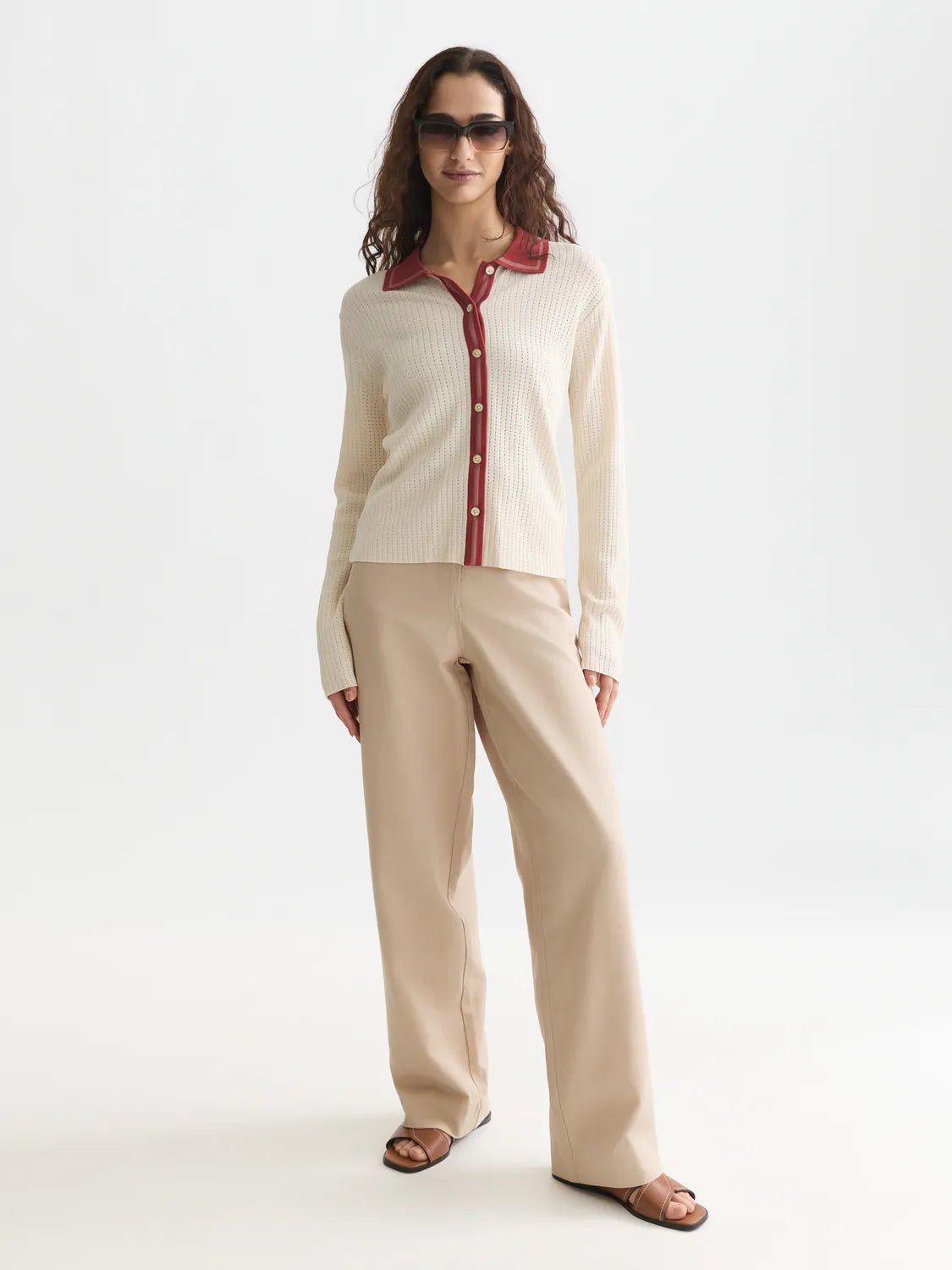 Pointelle Knitted Polo-Neck Cardigan