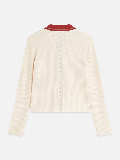 Pointelle Knitted Polo-Neck Cardigan