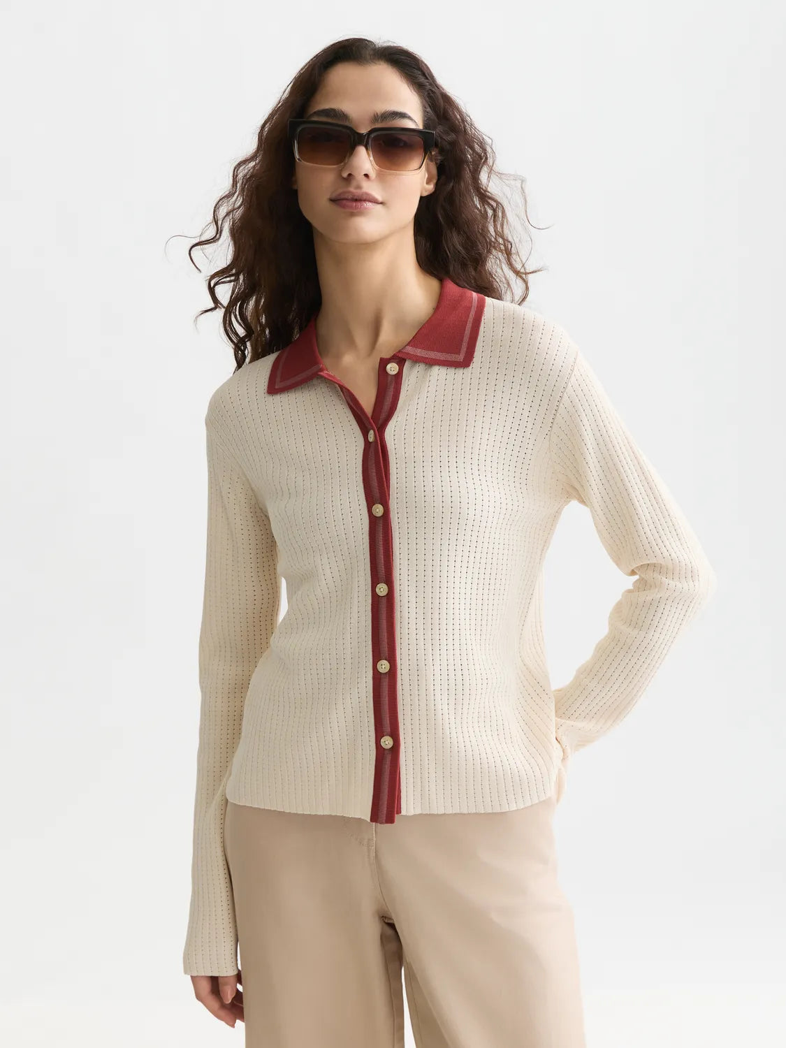 Pointelle Knitted Polo-Neck Cardigan