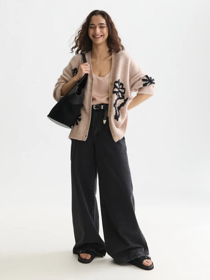 Intarsia Oversized-Fit Cardigan