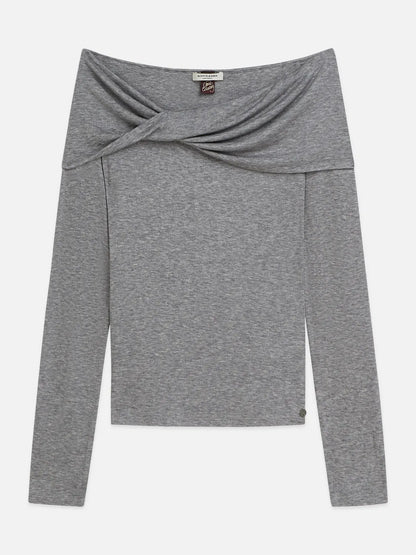Twisted Neckline Wool-Blend Long Sleeve T-Shirt