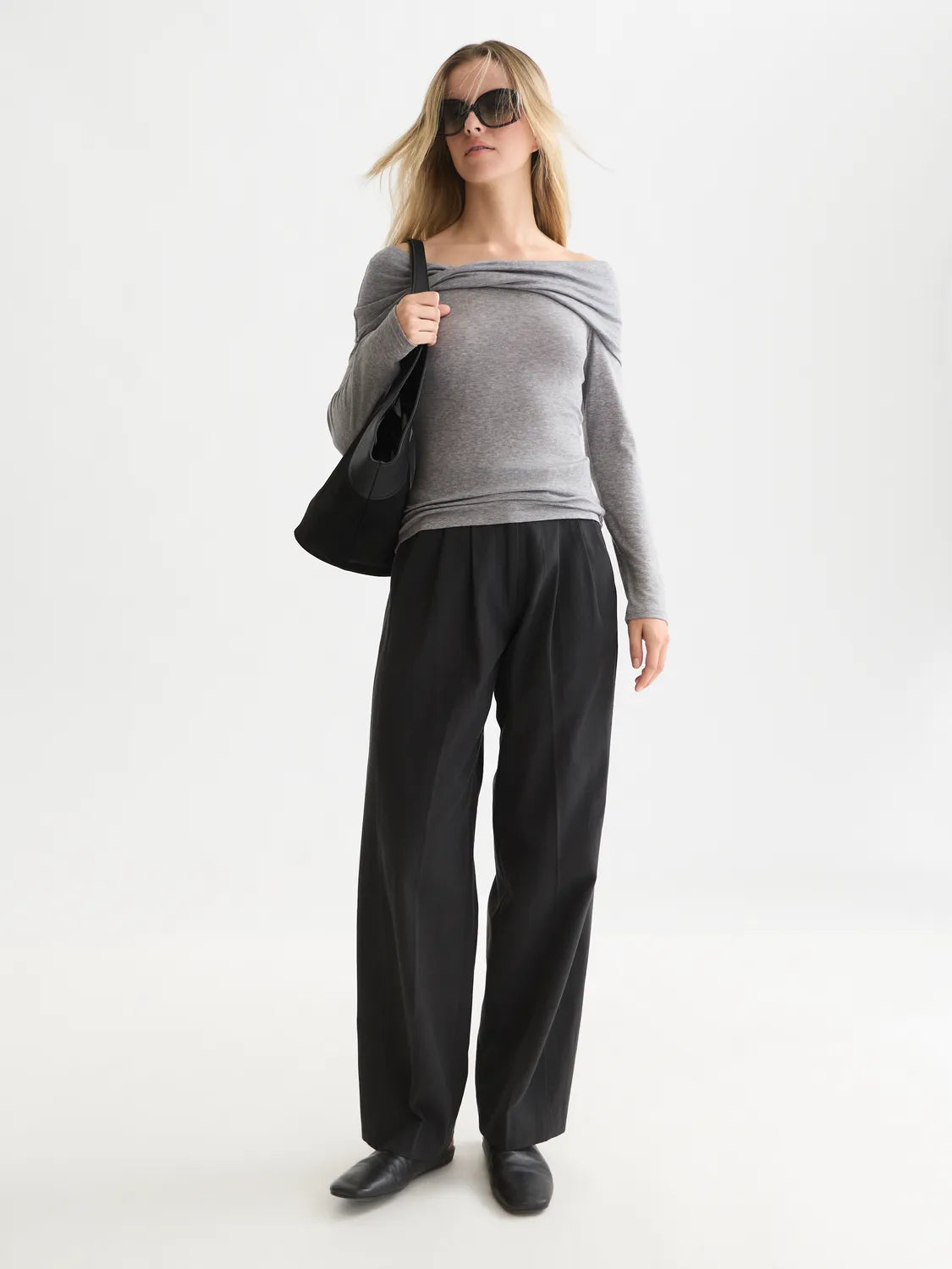 Twisted Neckline Wool-Blend Long Sleeve T-Shirt