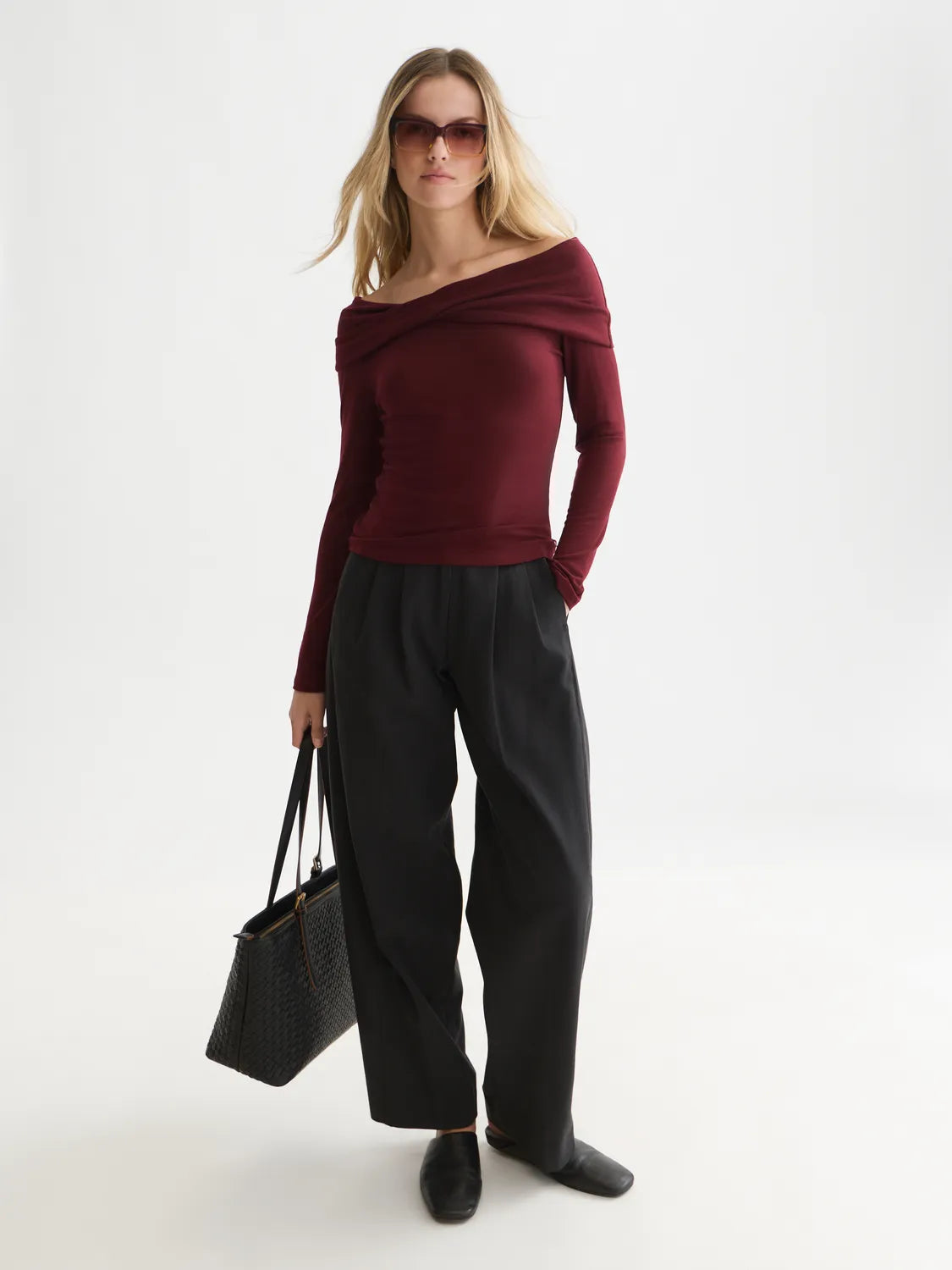 Twisted Neckline Wool-Blend Long Sleeve T-Shirt